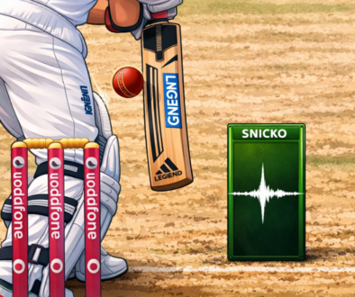 Cartoon-style illustration showing a cricket ball passing close to the bat with UltraEdge snickometer spike indicating possible edge under DRS.