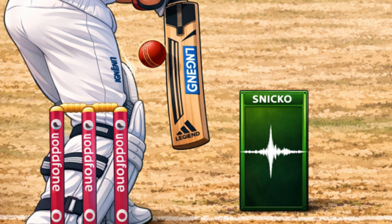 Cartoon-style illustration showing a cricket ball passing close to the bat with UltraEdge snickometer spike indicating possible edge under DRS.