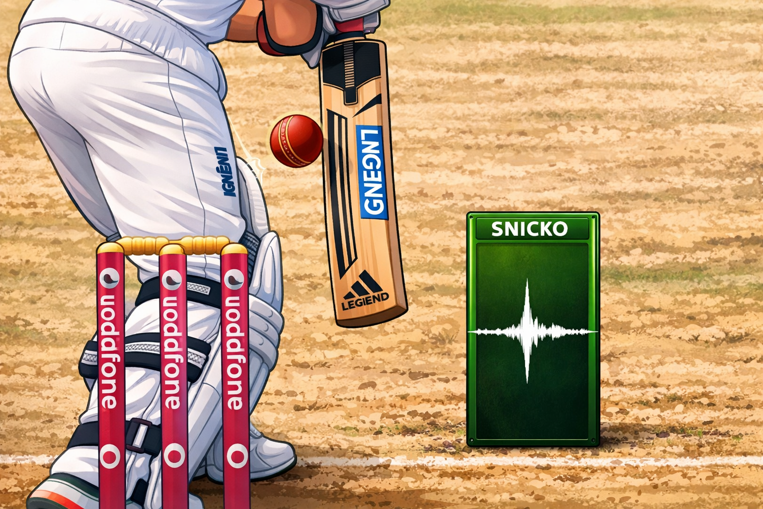Cartoon-style illustration showing a cricket ball passing close to the bat with UltraEdge snickometer spike indicating possible edge under DRS.