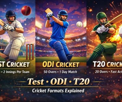 Animated illustration showing Test, ODI, and T20 cricket formats with players in action and match details