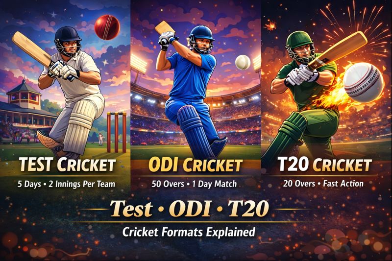 Animated illustration showing Test, ODI, and T20 cricket formats with players in action and match details
