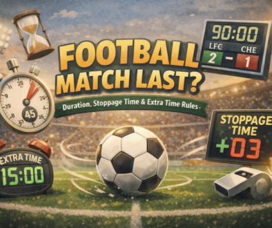 Animated football stadium scene showing match duration, stoppage time, extra time clock, and football on the field