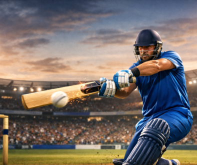 Cricket batsman playing attacking shot during powerplay in stadium with fielding restrictions