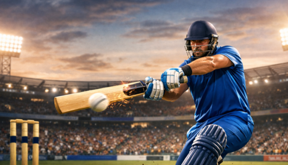 Cricket batsman playing attacking shot during powerplay in stadium with fielding restrictions