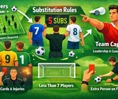 Animated infographic showing football laws of the game, including 11 players per team, substitution rules with 5 substitutes, team captain responsibilities, red cards, and minimum player requirements on a football field.
