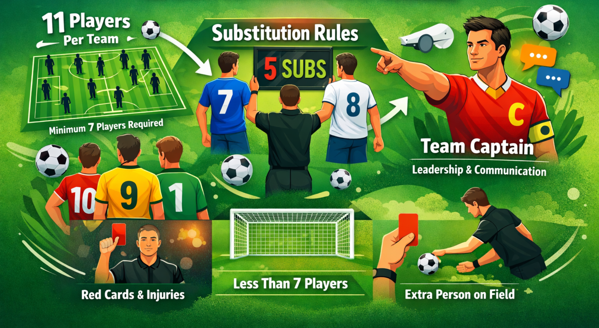 Animated infographic showing football laws of the game, including 11 players per team, substitution rules with 5 substitutes, team captain responsibilities, red cards, and minimum player requirements on a football field.